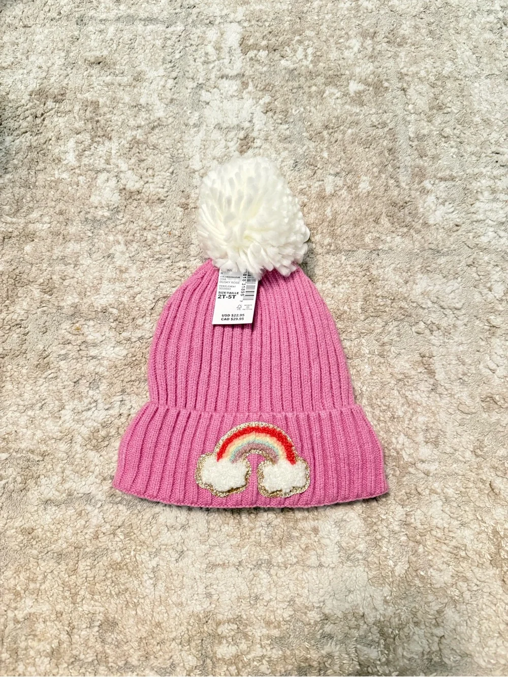 The Children's Place Pink Knit Pom Beanie with Rainbow Patch size 2T-5T-NWT